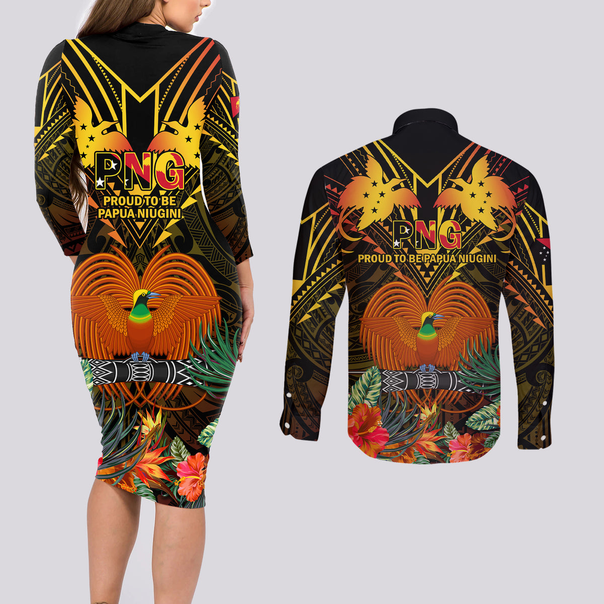 Papua New Guinea Southern Highlands Province Couples Matching Long Sleeve Bodycon Dress and Long Sleeve Button Shirts Papua Niugini Coat Of Arms With Flag Style LT14 - Polynesian Pride