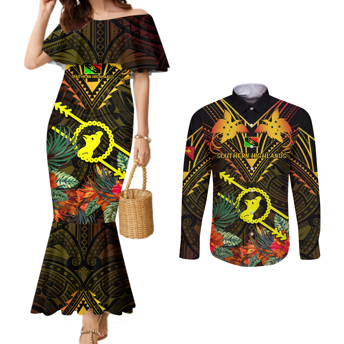 Papua New Guinea Southern Highlands Province Couples Matching Mermaid Dress and Long Sleeve Button Shirts Papua Niugini Coat Of Arms With Flag Style LT14 Black - Polynesian Pride
