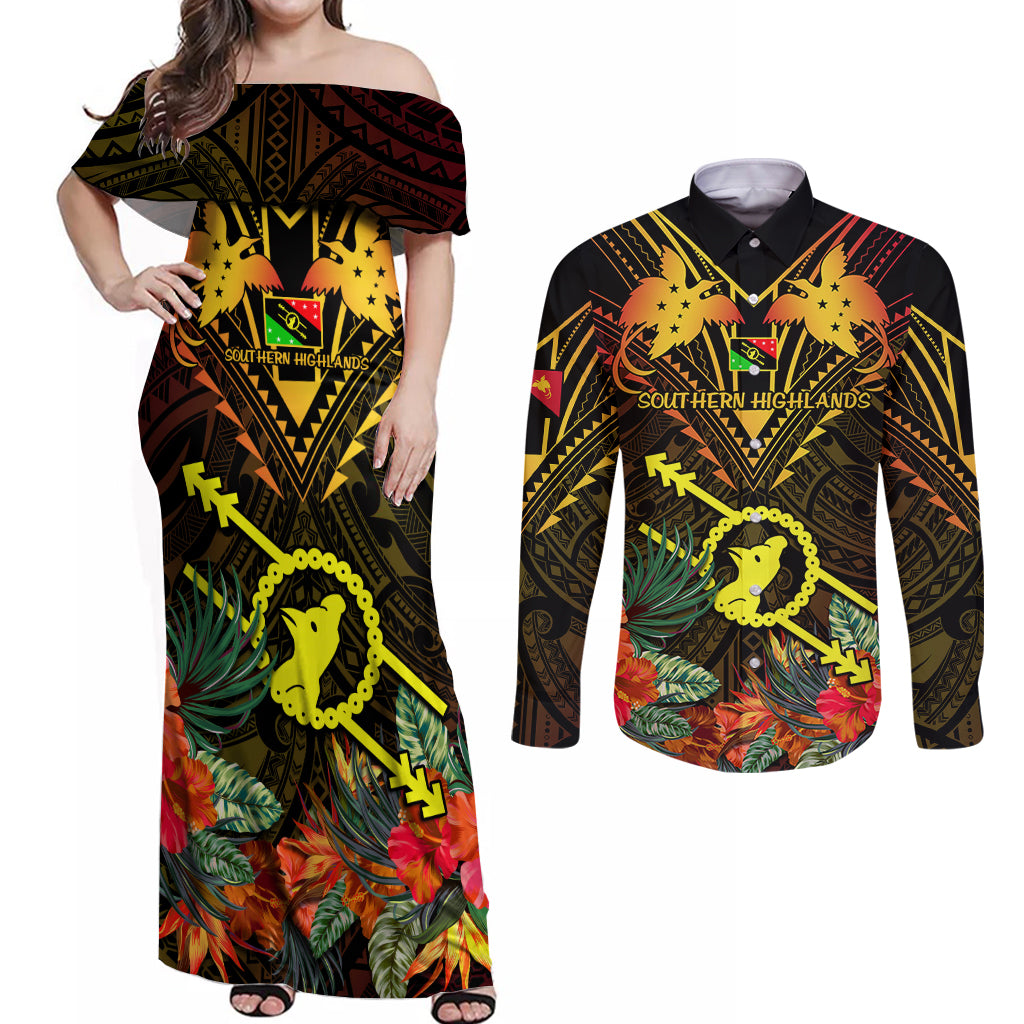 Papua New Guinea Southern Highlands Province Couples Matching Off Shoulder Maxi Dress and Long Sleeve Button Shirts Papua Niugini Coat Of Arms With Flag Style LT14 Black - Polynesian Pride