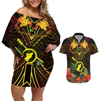 Papua New Guinea Southern Highlands Province Couples Matching Off Shoulder Short Dress and Hawaiian Shirt Papua Niugini Coat Of Arms With Flag Style LT14 Black - Polynesian Pride