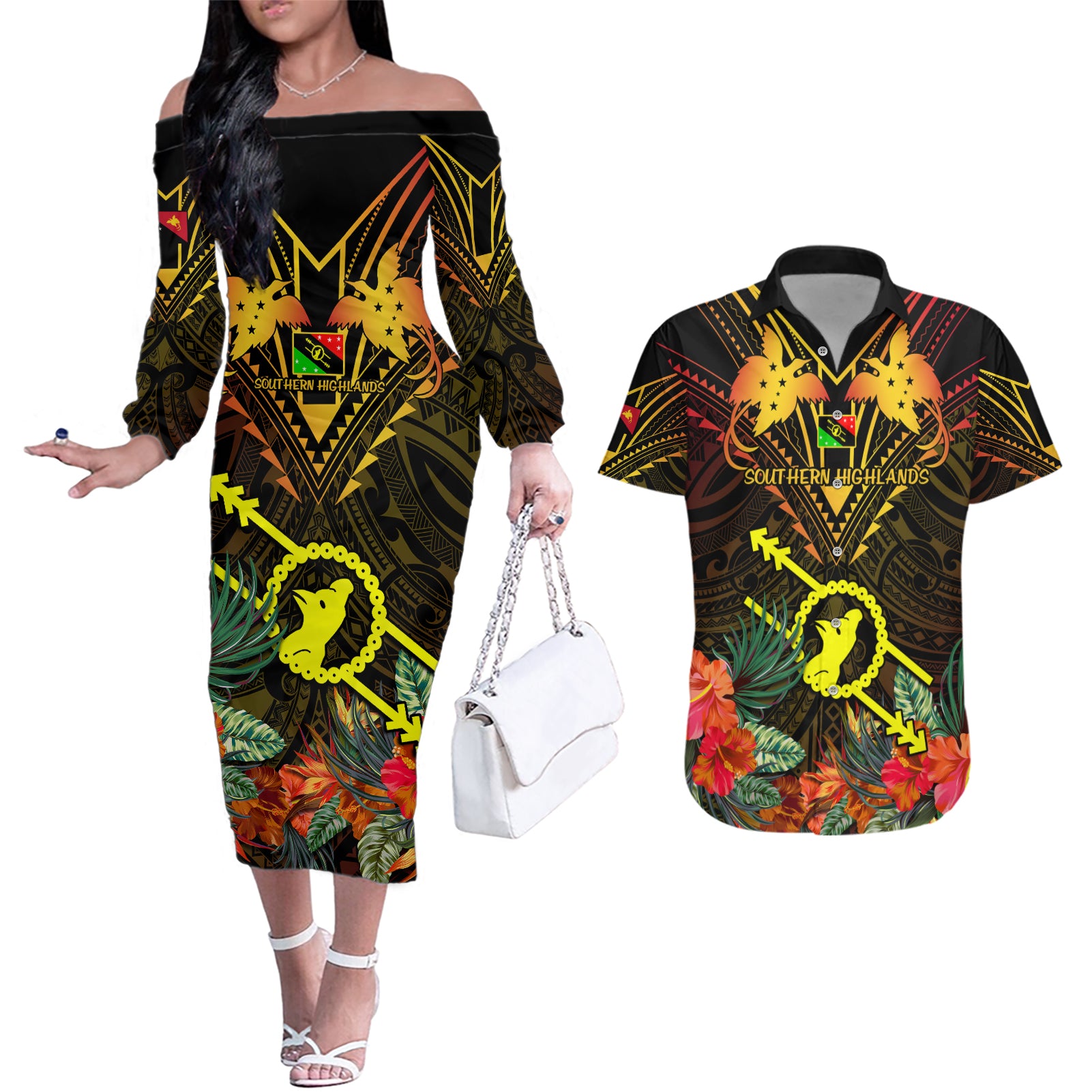 Papua New Guinea Southern Highlands Province Couples Matching Off The Shoulder Long Sleeve Dress and Hawaiian Shirt Papua Niugini Coat Of Arms With Flag Style LT14 Black - Polynesian Pride