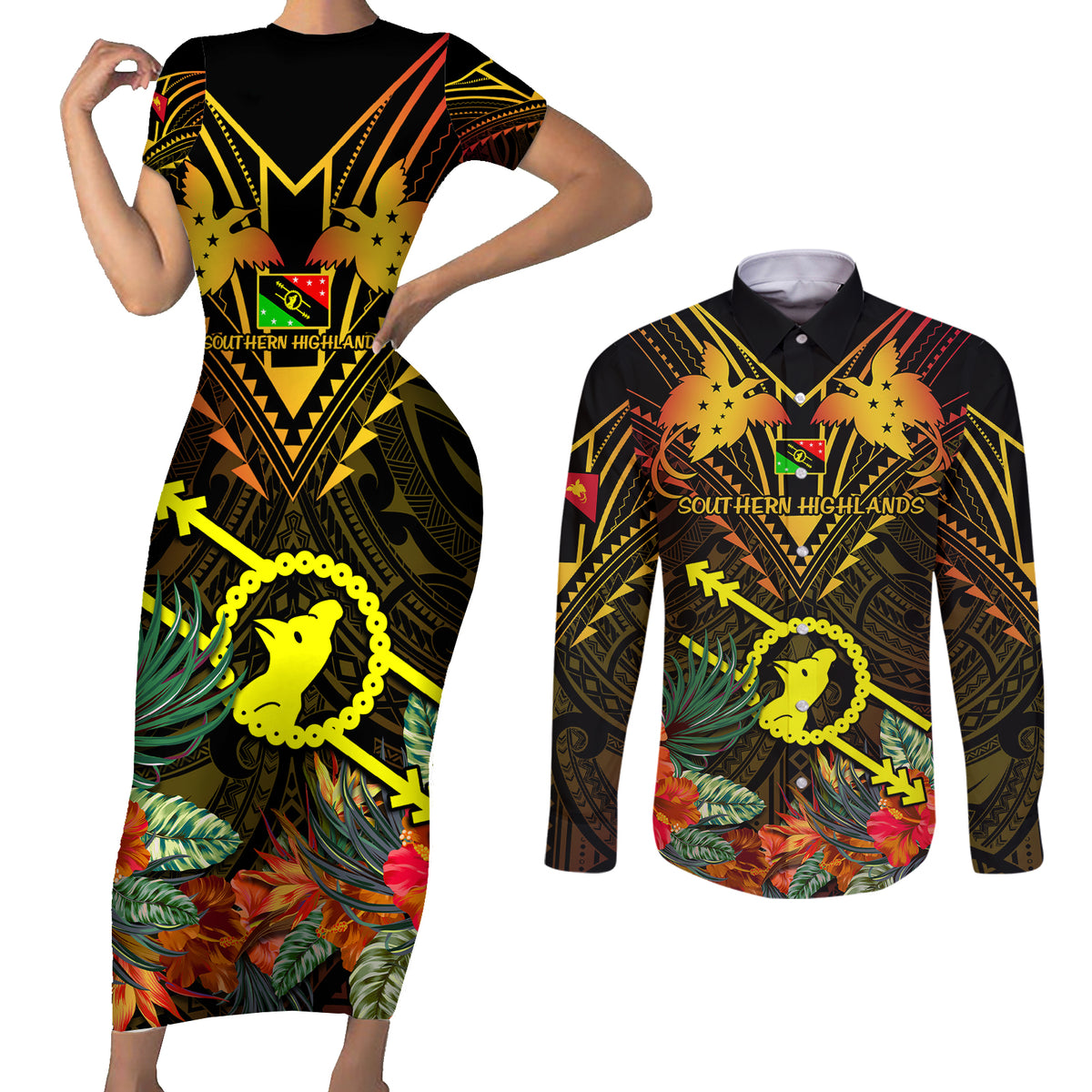 Papua New Guinea Southern Highlands Province Couples Matching Short Sleeve Bodycon Dress and Long Sleeve Button Shirts Papua Niugini Coat Of Arms With Flag Style LT14 Black - Polynesian Pride