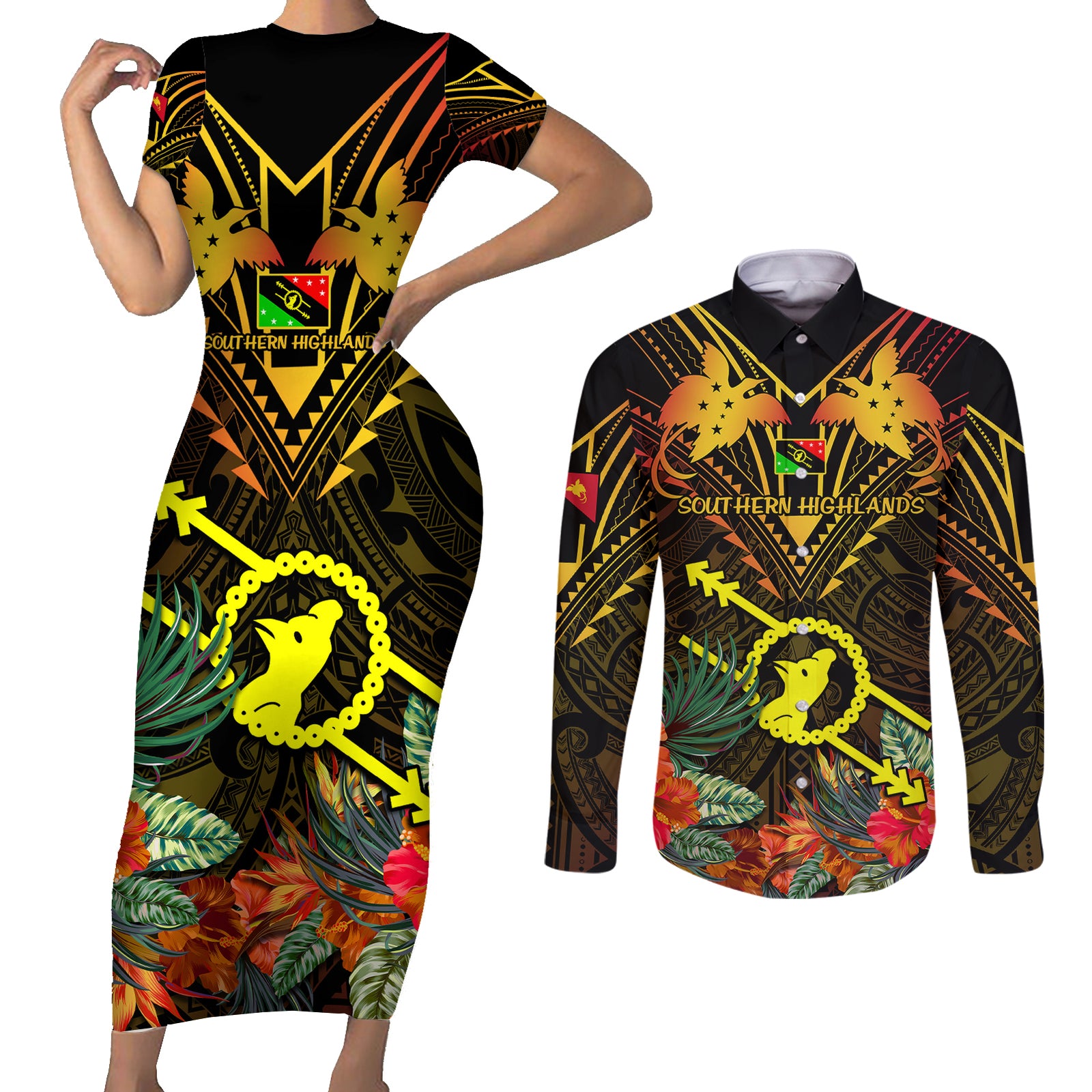 Papua New Guinea Southern Highlands Province Couples Matching Short Sleeve Bodycon Dress and Long Sleeve Button Shirts Papua Niugini Coat Of Arms With Flag Style LT14 Black - Polynesian Pride