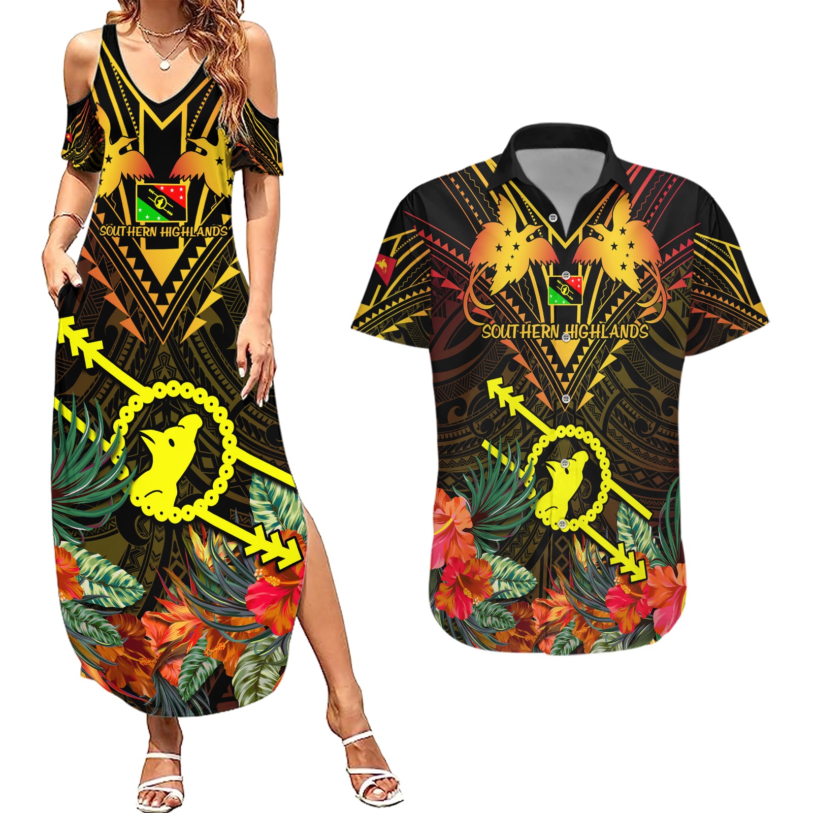 Papua New Guinea Southern Highlands Province Couples Matching Summer Maxi Dress and Hawaiian Shirt Papua Niugini Coat Of Arms With Flag Style LT14 Black - Polynesian Pride