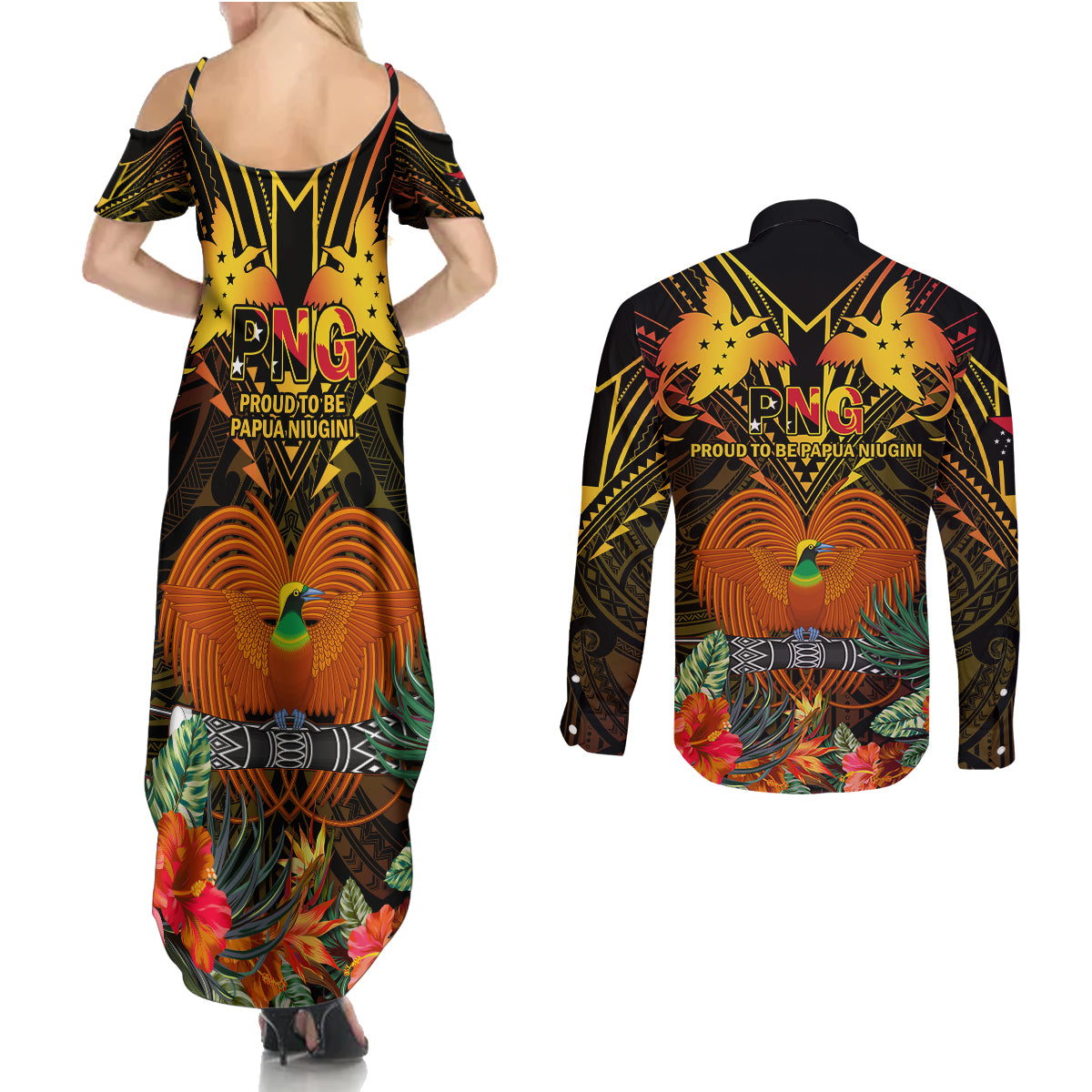 Papua New Guinea Southern Highlands Province Couples Matching Summer Maxi Dress and Long Sleeve Button Shirts Papua Niugini Coat Of Arms With Flag Style LT14 - Polynesian Pride