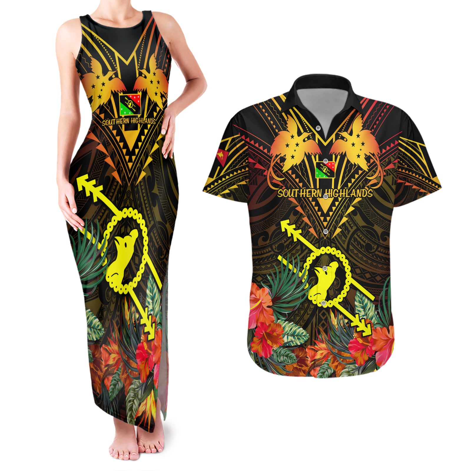 Papua New Guinea Southern Highlands Province Couples Matching Tank Maxi Dress and Hawaiian Shirt Papua Niugini Coat Of Arms With Flag Style LT14 Black - Polynesian Pride