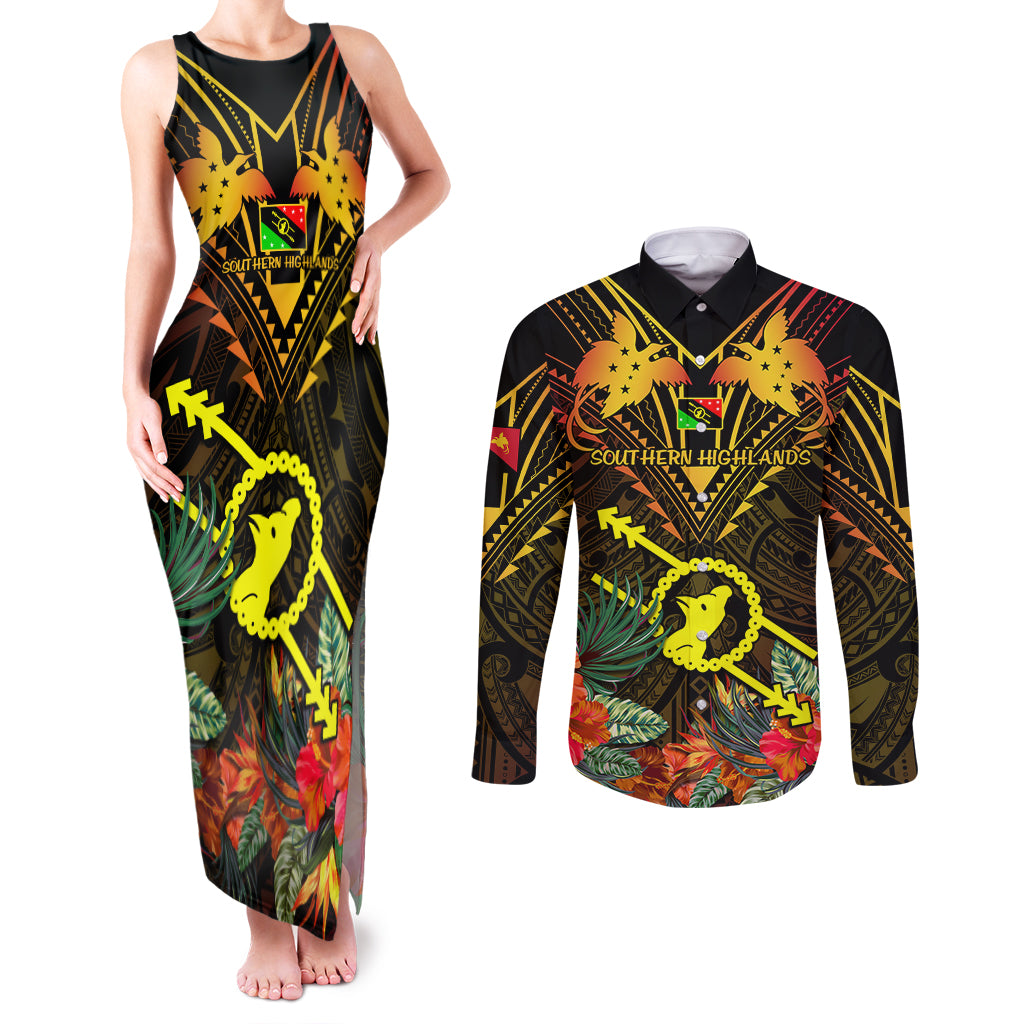 Papua New Guinea Southern Highlands Province Couples Matching Tank Maxi Dress and Long Sleeve Button Shirts Papua Niugini Coat Of Arms With Flag Style LT14 Black - Polynesian Pride