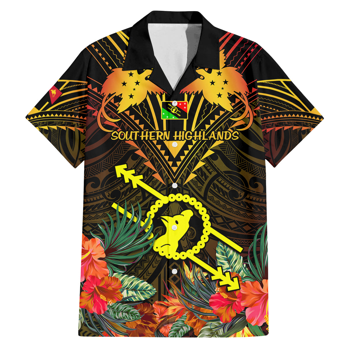 Papua New Guinea Southern Highlands Province Family Matching Mermaid Dress and Hawaiian Shirt Papua Niugini Coat Of Arms With Flag Style LT14 Dad's Shirt - Short Sleeve Black - Polynesian Pride