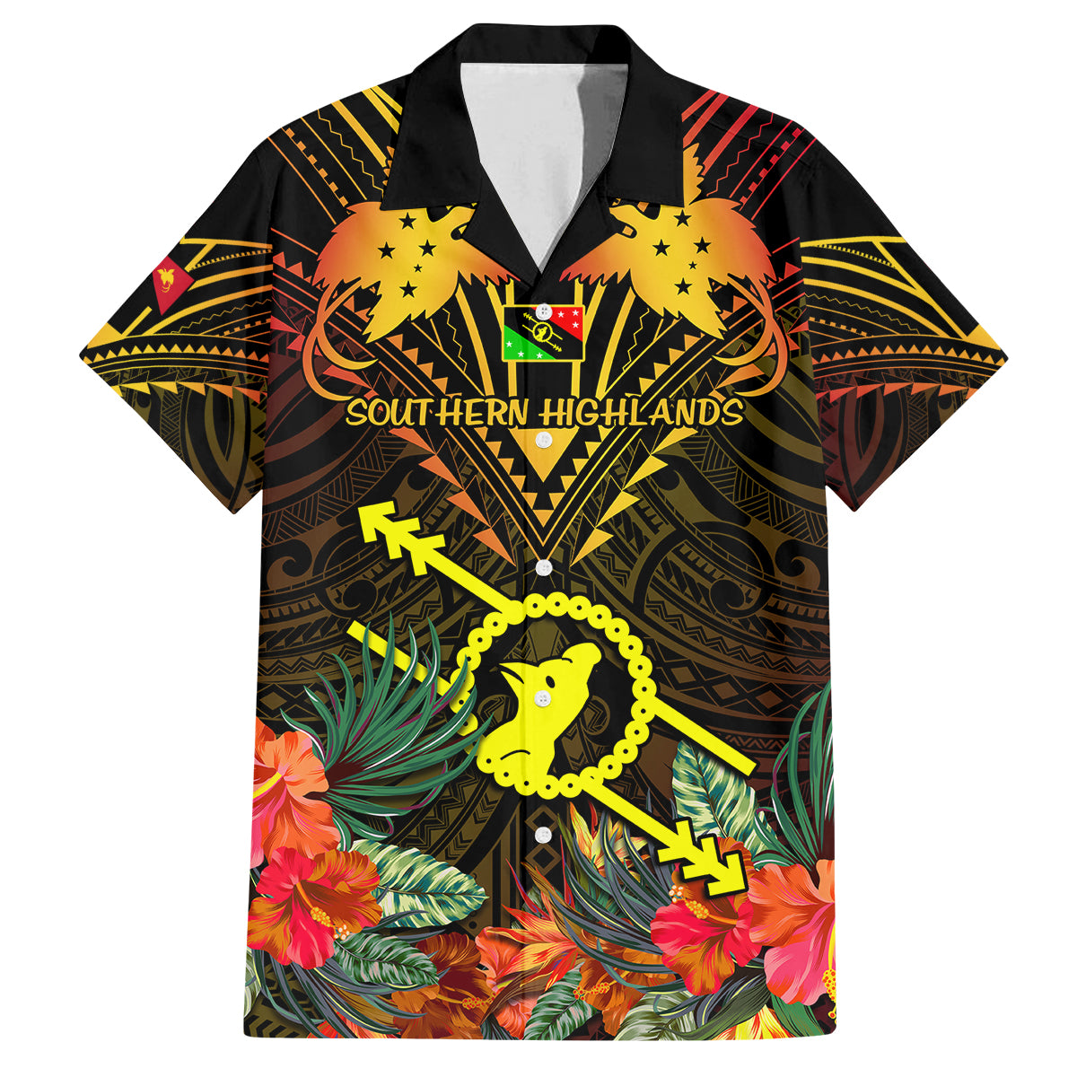 Papua New Guinea Southern Highlands Province Family Matching Off Shoulder Maxi Dress and Hawaiian Shirt Papua Niugini Coat Of Arms With Flag Style LT14 Mom's Dress Black - Polynesian Pride
