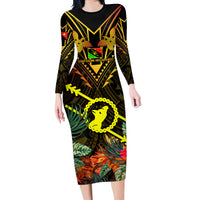 Papua New Guinea Southern Highlands Province Long Sleeve Bodycon Dress Papua Niugini Coat Of Arms With Flag Style LT14 Long Dress Black - Polynesian Pride