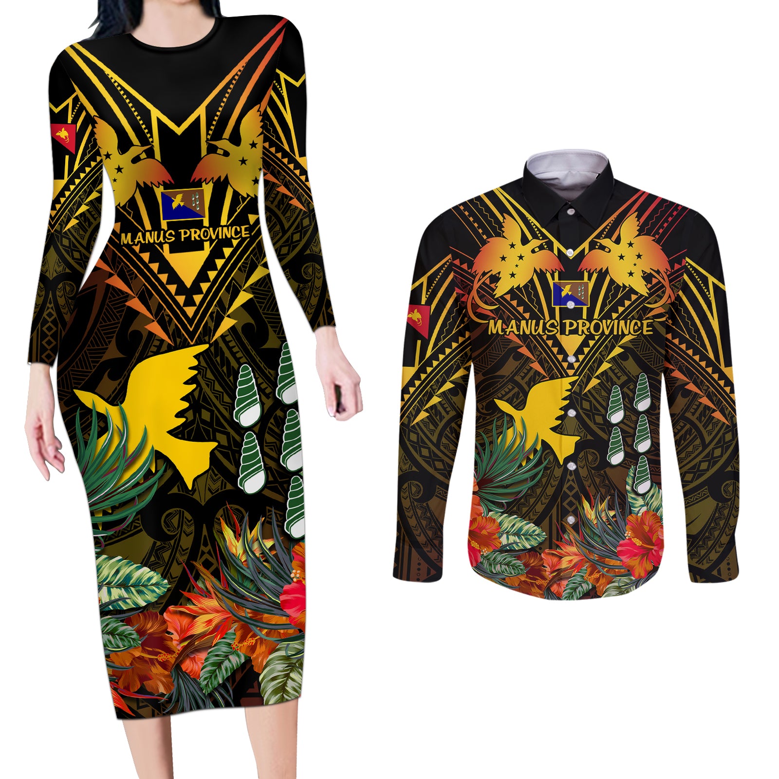 papua-new-guinea-manus-province-couples-matching-long-sleeve-bodycon-dress-and-long-sleeve-button-shirts-papua-niugini-coat-of-arms-with-flag-style
