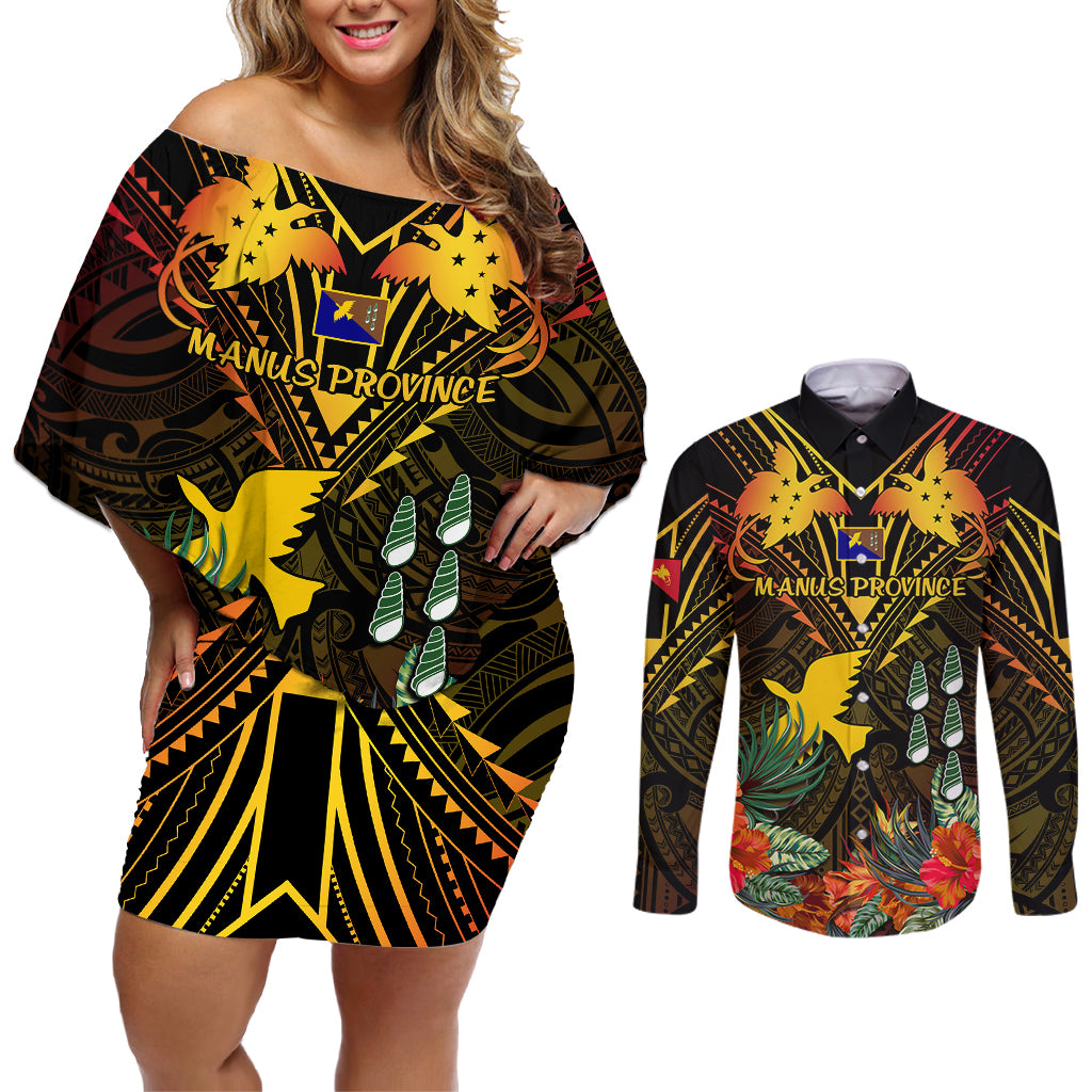 papua-new-guinea-manus-province-couples-matching-off-shoulder-short-dress-and-long-sleeve-button-shirts-papua-niugini-coat-of-arms-with-flag-style