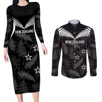 Custom New Zealand Silver Fern Football Couples Matching Long Sleeve Bodycon Dress and Long Sleeve Button Shirt Go Aotearoa Grunge Black - Polynesian Pride