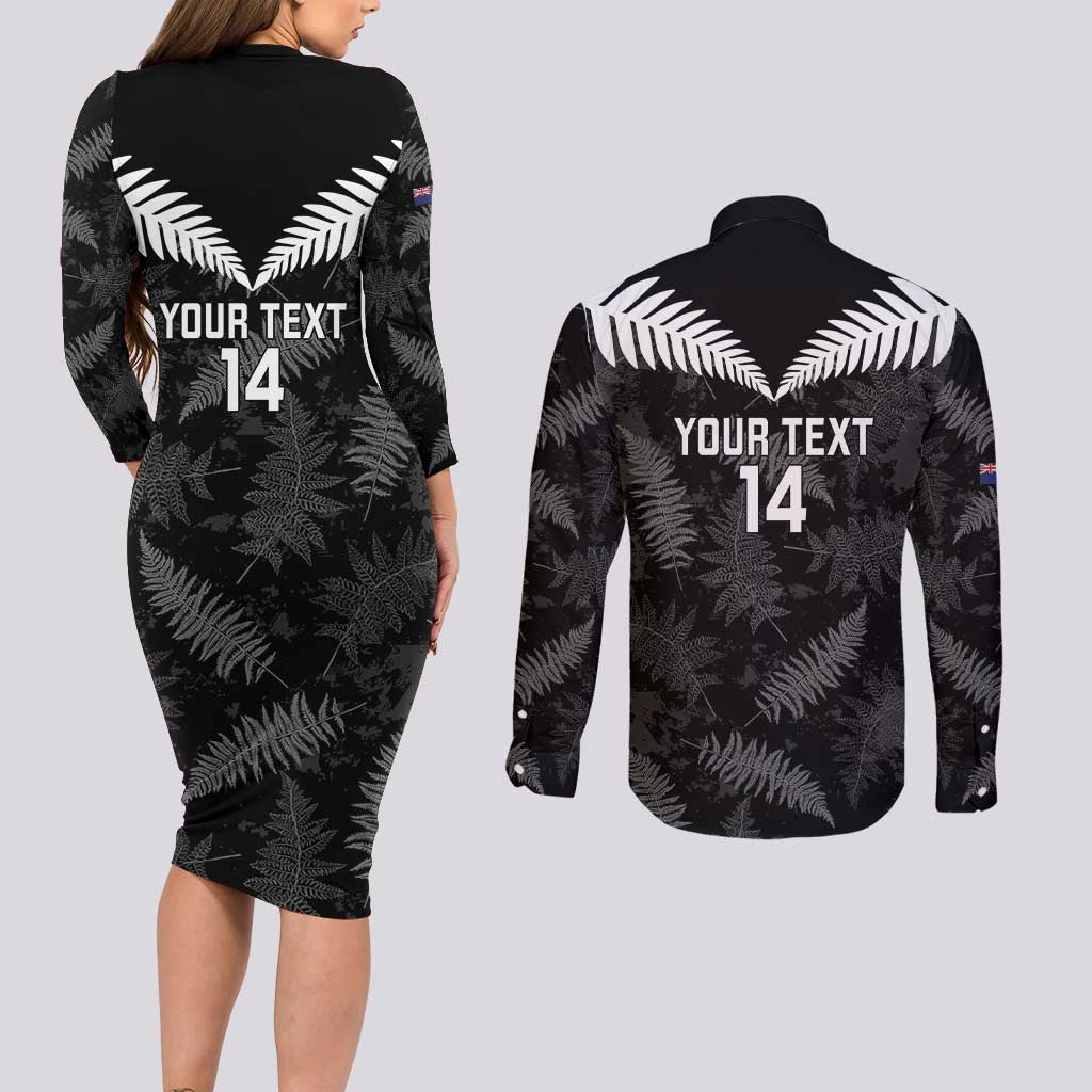 Custom New Zealand Silver Fern Football Couples Matching Long Sleeve Bodycon Dress and Long Sleeve Button Shirt Go Aotearoa Grunge Black - Polynesian Pride