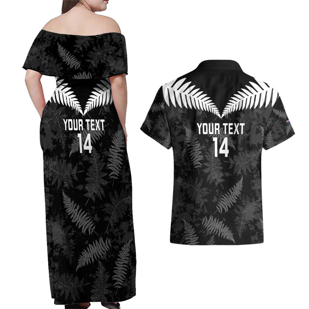 Custom New Zealand Silver Fern Football Couples Matching Off Shoulder Maxi Dress and Hawaiian Shirt Go Aotearoa Grunge Black - Polynesian Pride