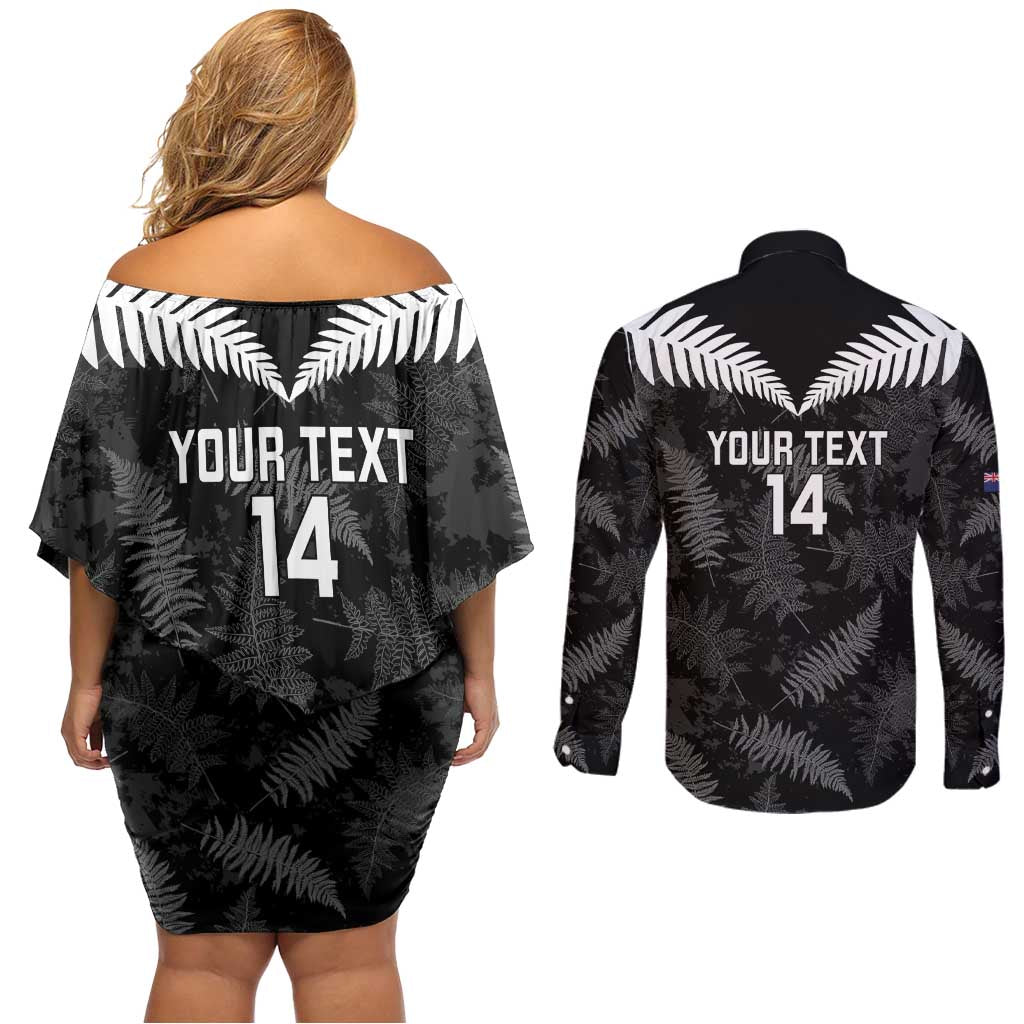Custom New Zealand Silver Fern Football Couples Matching Off Shoulder Short Dress and Long Sleeve Button Shirt Go Aotearoa Grunge Black - Polynesian Pride