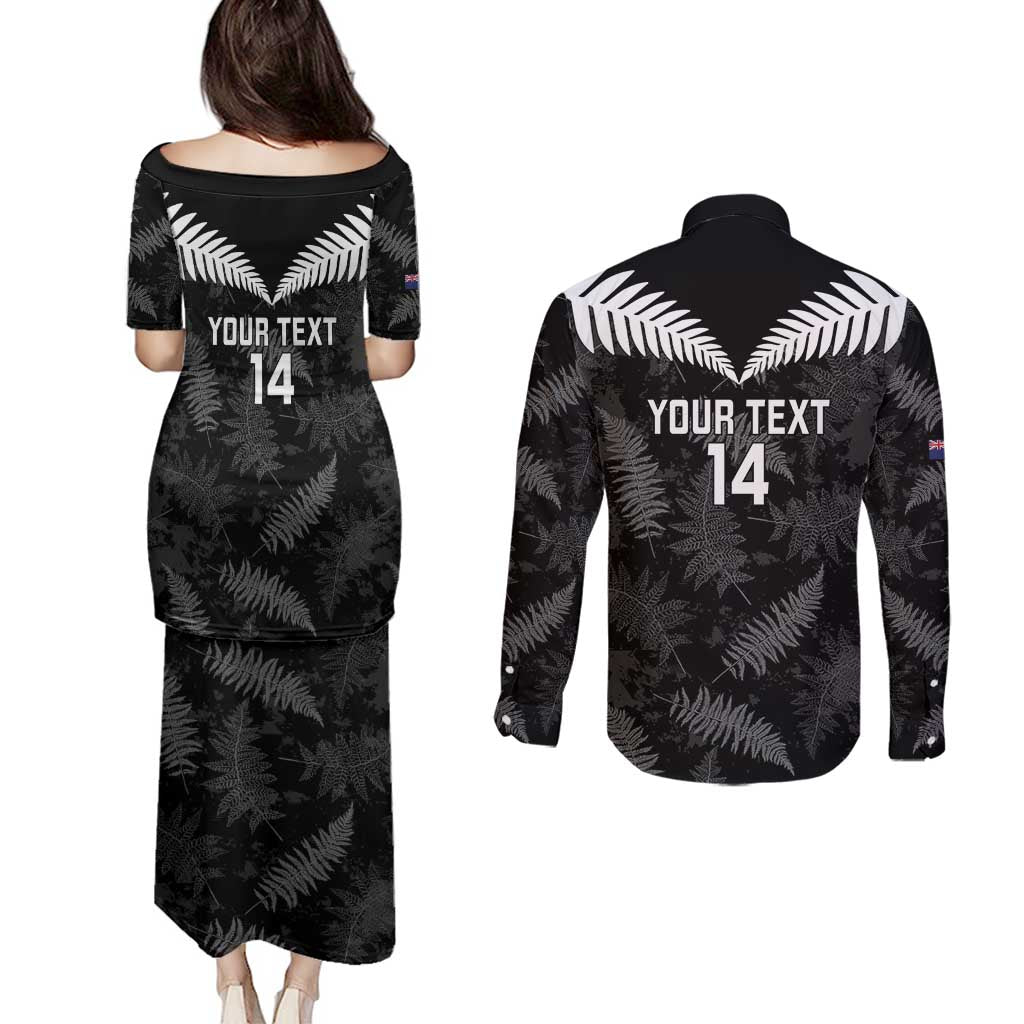 Custom New Zealand Silver Fern Football Couples Matching Puletasi and Long Sleeve Button Shirt Go Aotearoa Grunge Black - Polynesian Pride