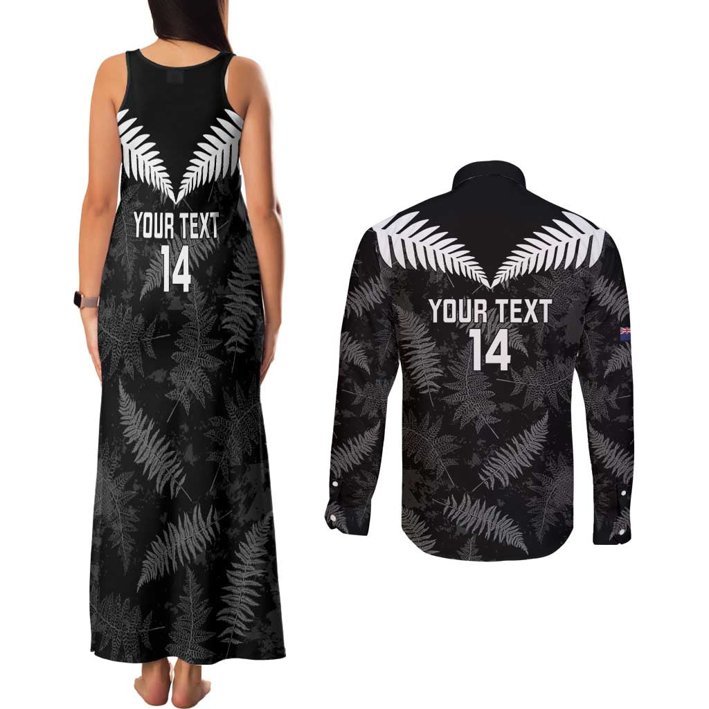 Custom New Zealand Silver Fern Football Couples Matching Tank Maxi Dress and Long Sleeve Button Shirt Go Aotearoa Grunge Black - Polynesian Pride