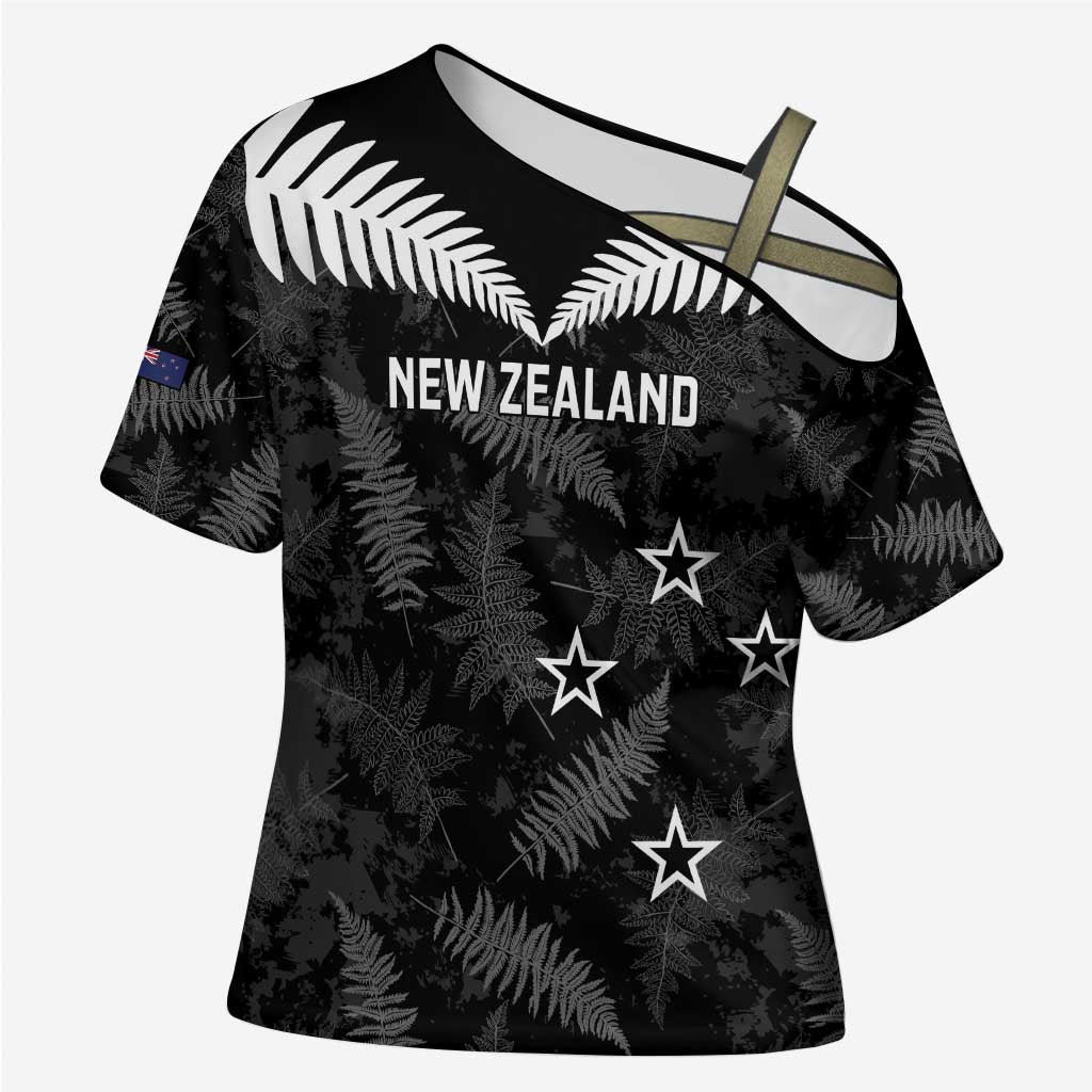 Custom New Zealand Silver Fern Football Cross Shoulder Shirt Go Aotearoa Grunge Black - Polynesian Pride
