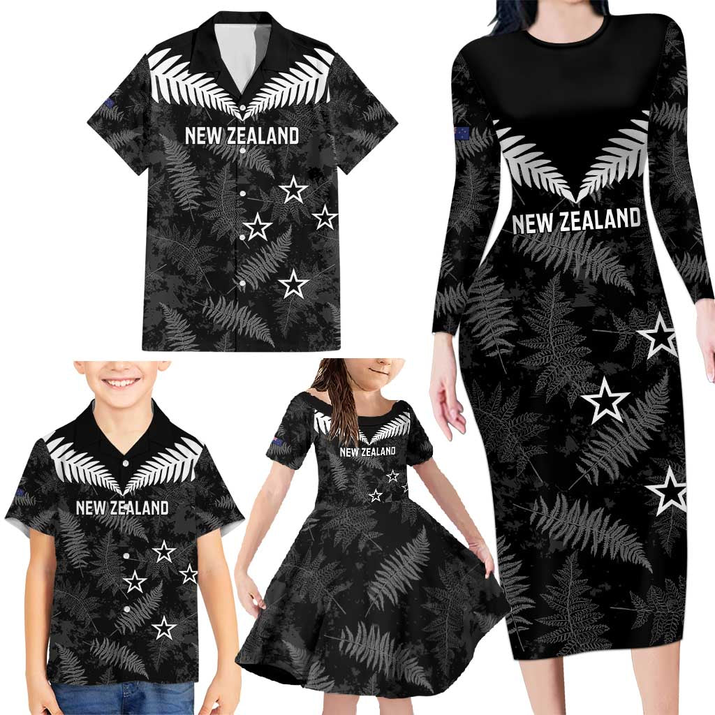 Custom New Zealand Silver Fern Football Family Matching Long Sleeve Bodycon Dress and Hawaiian Shirt Go Aotearoa Grunge Black - Polynesian Pride