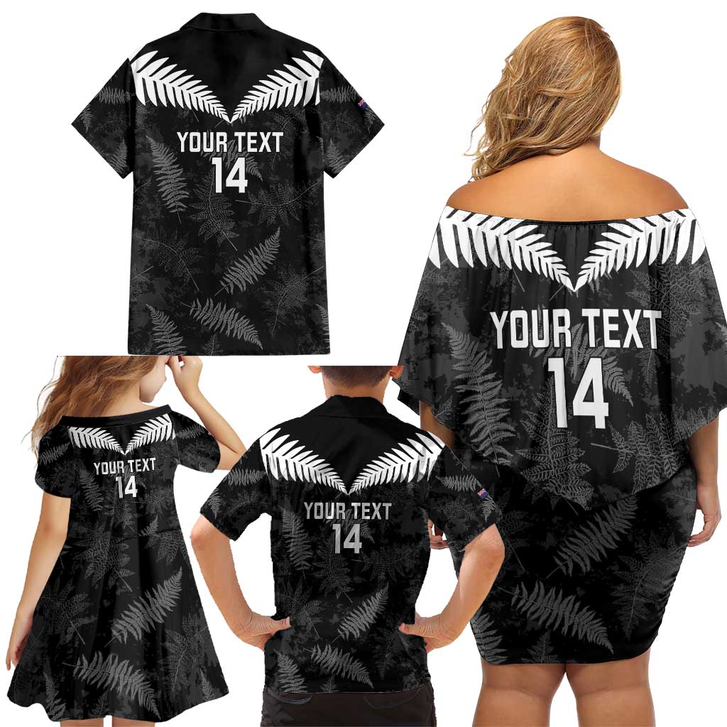 Custom New Zealand Silver Fern Football Family Matching Off Shoulder Short Dress and Hawaiian Shirt Go Aotearoa Grunge Black - Polynesian Pride
