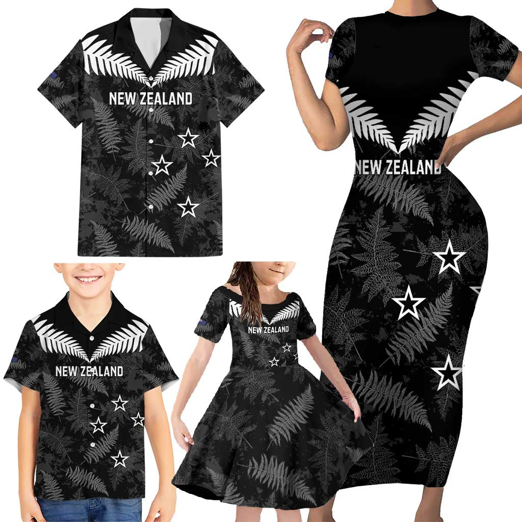 Custom New Zealand Silver Fern Football Family Matching Short Sleeve Bodycon Dress and Hawaiian Shirt Go Aotearoa Grunge Black - Polynesian Pride
