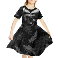 Custom New Zealand Silver Fern Football Kid Short Sleeve Dress Go Aotearoa Grunge Black - Polynesian Pride