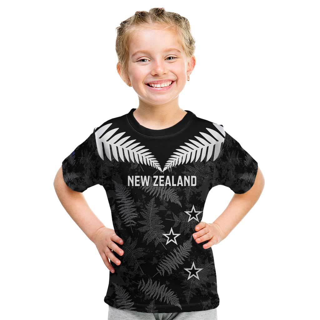 Custom New Zealand Silver Fern Football Kid T Shirt Go Aotearoa Grunge Black - Polynesian Pride