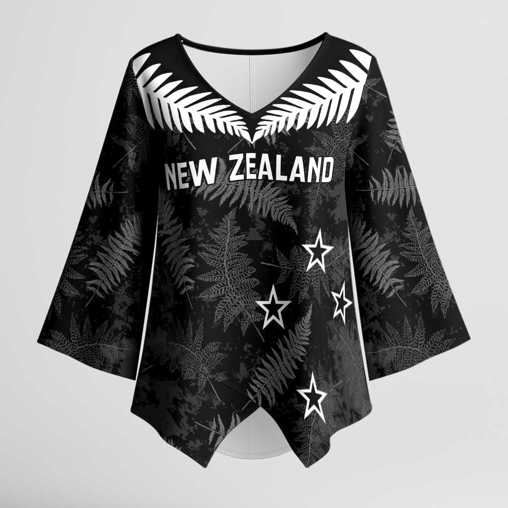 Custom New Zealand Silver Fern Football Kimono Sleeve Blouse Go Aotearoa Grunge Black - Polynesian Pride