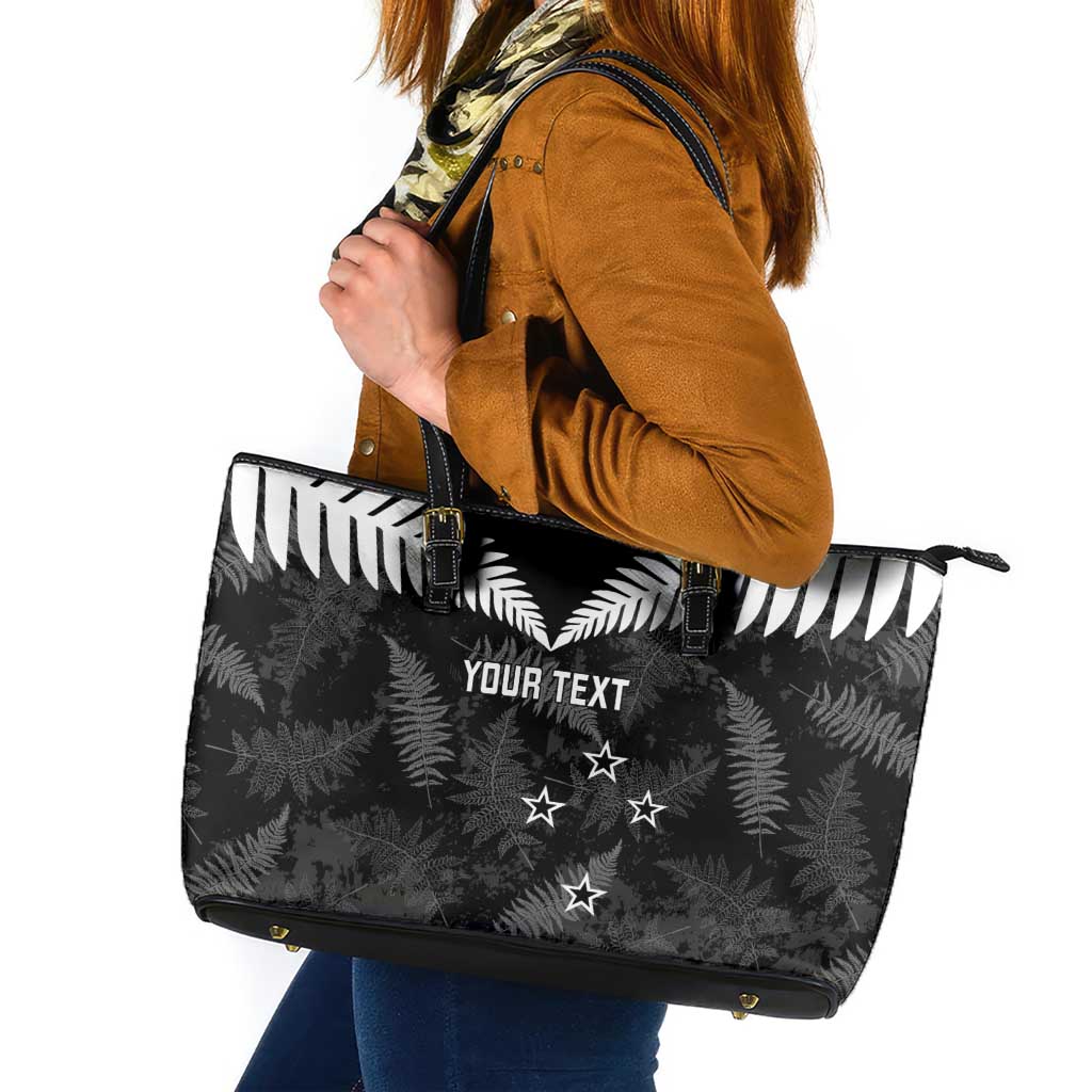 Custom New Zealand Silver Fern Football Leather Tote Bag Go Aotearoa Grunge Black - Polynesian Pride