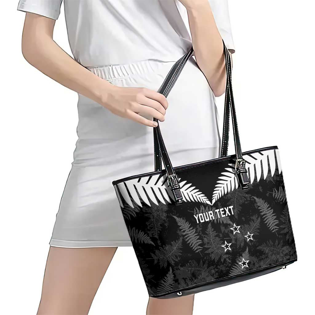 Custom New Zealand Silver Fern Football Leather Tote Bag Go Aotearoa Grunge Black - Polynesian Pride