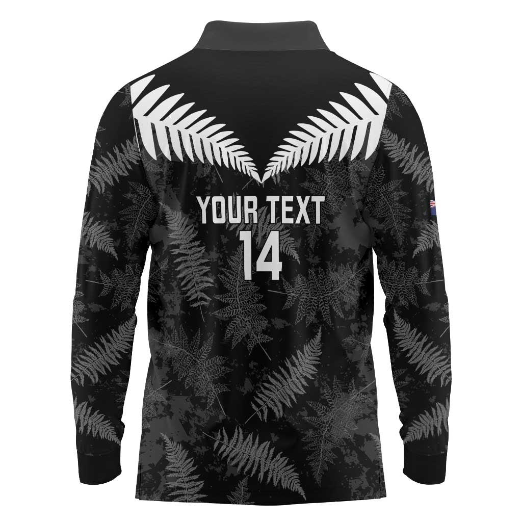 Custom New Zealand Silver Fern Football Long Sleeve Polo Shirt Go Aotearoa Grunge Black - Polynesian Pride