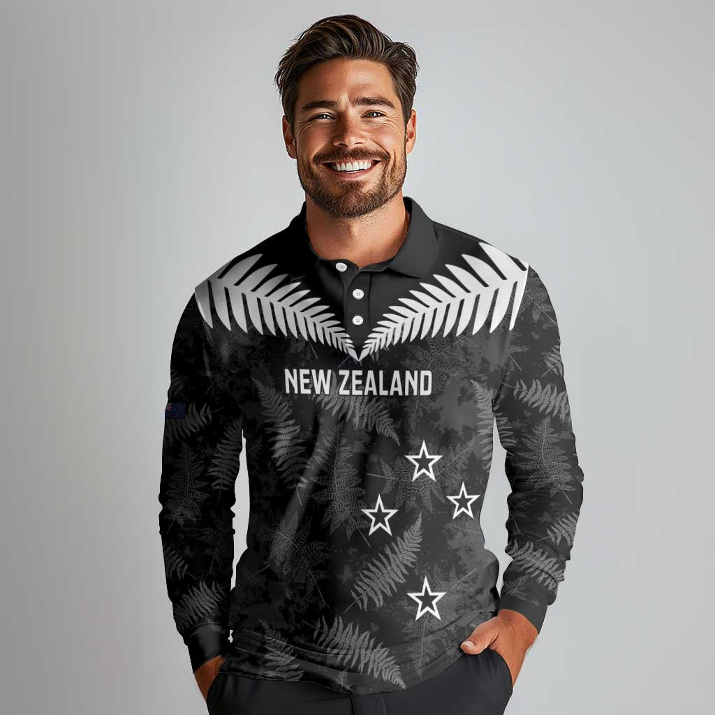 Custom New Zealand Silver Fern Football Long Sleeve Polo Shirt Go Aotearoa Grunge Black - Polynesian Pride
