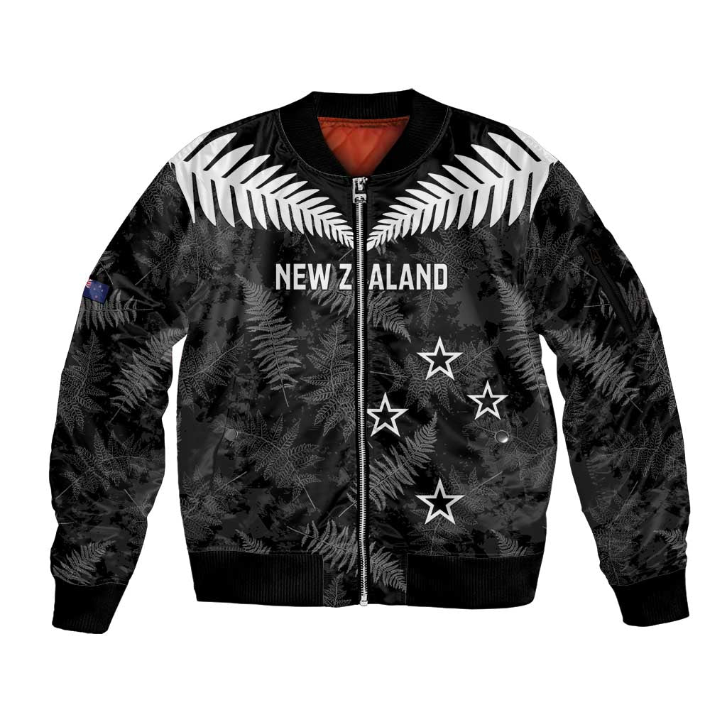 Custom New Zealand Silver Fern Football Sleeve Zip Bomber Jacket Go Aotearoa Grunge Black - Polynesian Pride