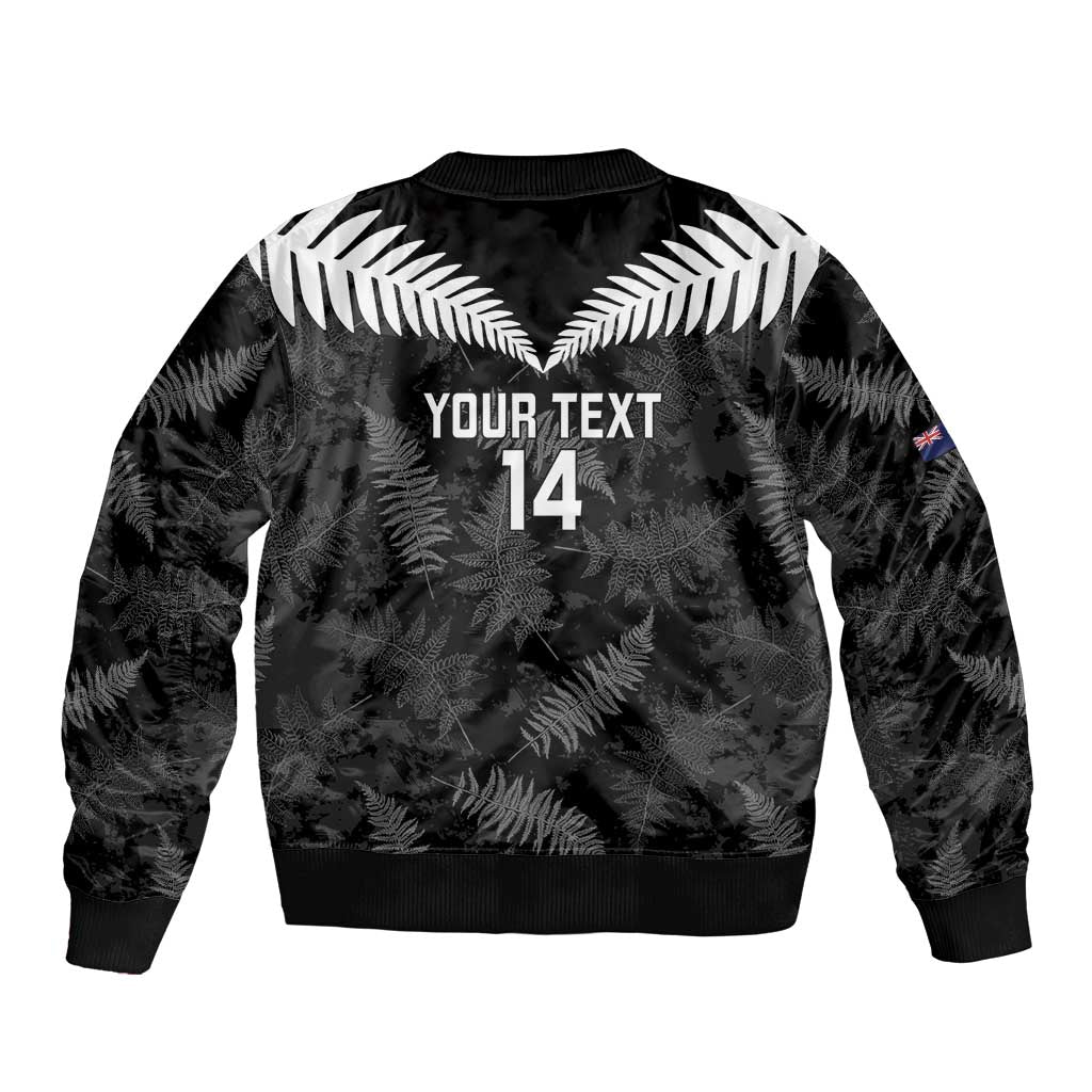 Custom New Zealand Silver Fern Football Sleeve Zip Bomber Jacket Go Aotearoa Grunge Black - Polynesian Pride