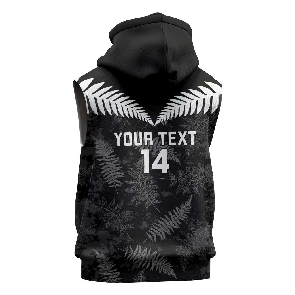 Custom New Zealand Silver Fern Football Sleeveless Hoodie Go Aotearoa Grunge Black - Polynesian Pride