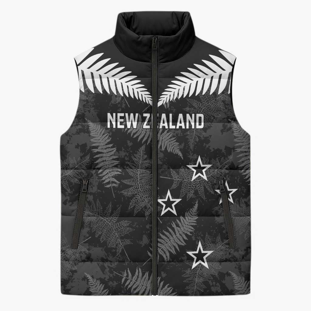 Custom New Zealand Silver Fern Football Sleeveless Puffer Jacket Go Aotearoa Grunge Black - Polynesian Pride