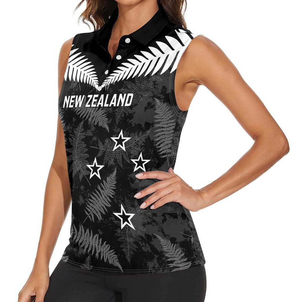 Custom New Zealand Silver Fern Football Women Sleeveless Polo Shirt Go Aotearoa Grunge Black - Polynesian Pride