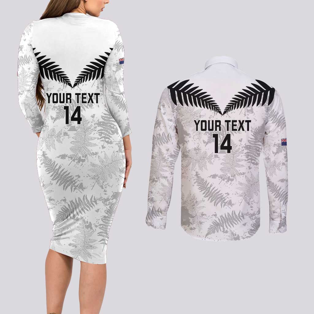 Custom New Zealand Silver Fern Football Couples Matching Long Sleeve Bodycon Dress and Long Sleeve Button Shirt Go Aotearoa Grunge White - Polynesian Pride