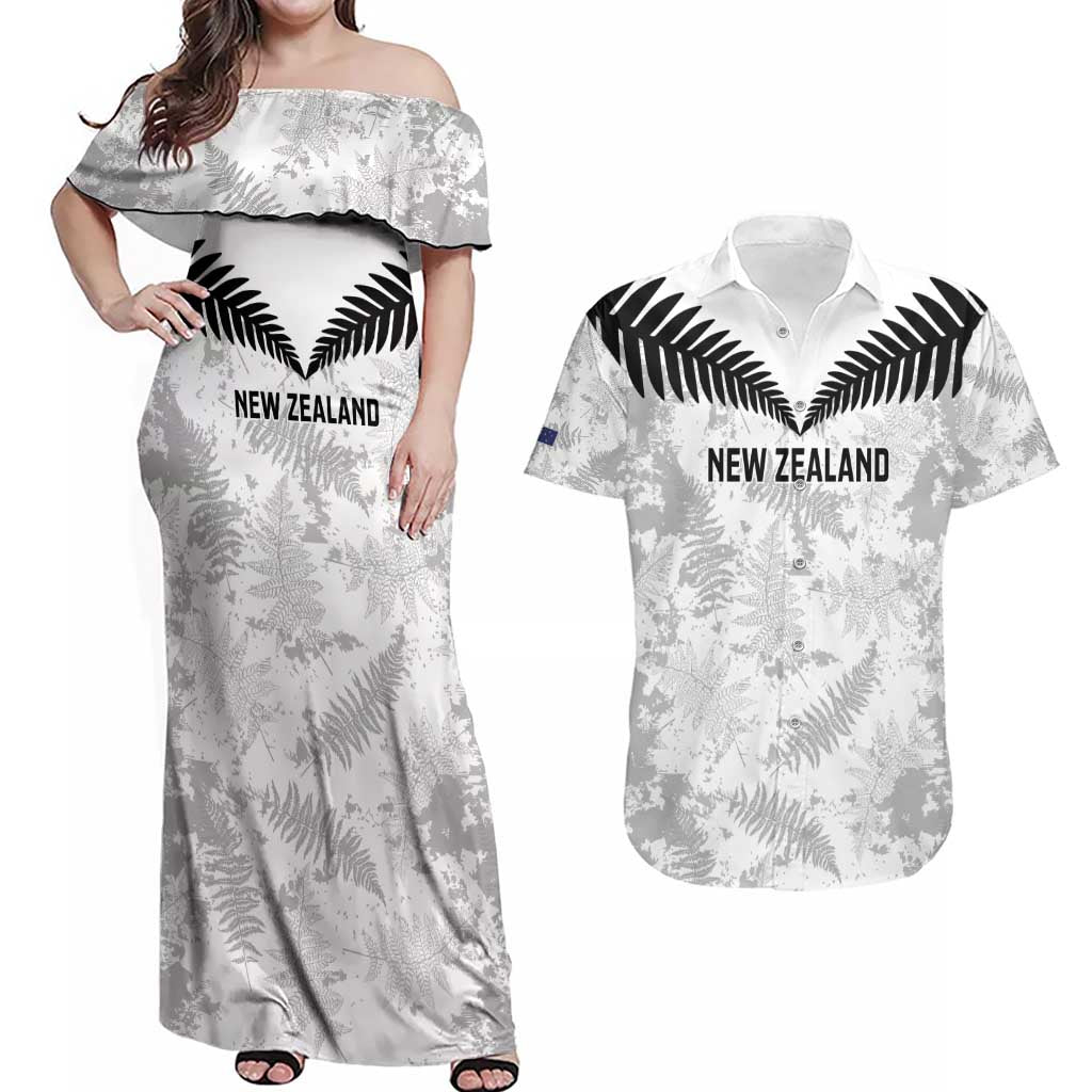 Custom New Zealand Silver Fern Football Couples Matching Off Shoulder Maxi Dress and Hawaiian Shirt Go Aotearoa Grunge White - Polynesian Pride