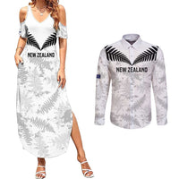 Custom New Zealand Silver Fern Football Couples Matching Summer Maxi Dress and Long Sleeve Button Shirt Go Aotearoa Grunge White - Polynesian Pride