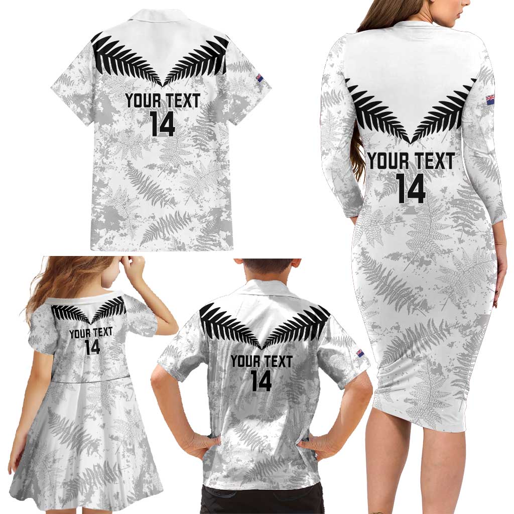 Custom New Zealand Silver Fern Football Family Matching Long Sleeve Bodycon Dress and Hawaiian Shirt Go Aotearoa Grunge White - Polynesian Pride