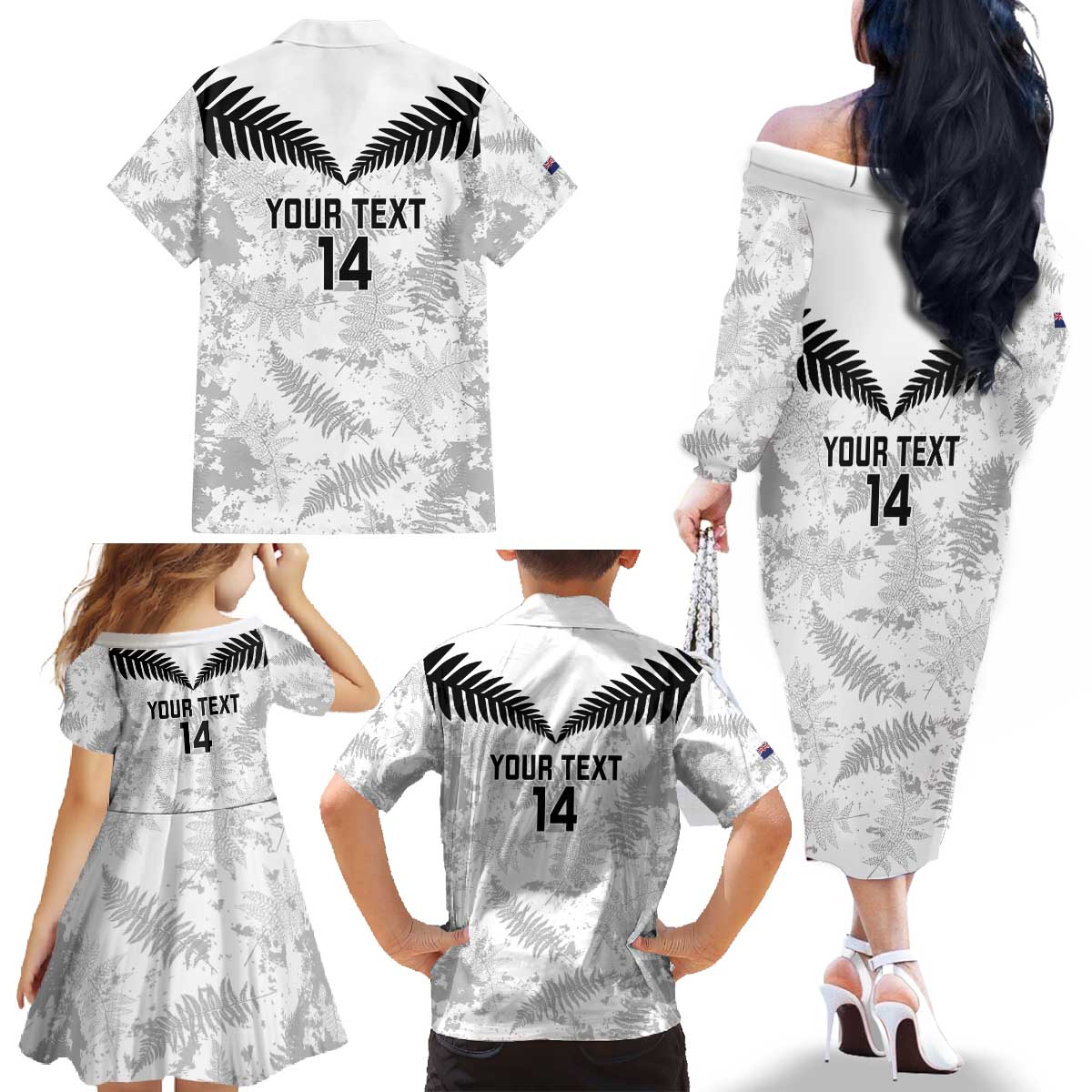 Custom New Zealand Silver Fern Football Family Matching Off The Shoulder Long Sleeve Dress and Hawaiian Shirt Go Aotearoa Grunge White - Polynesian Pride