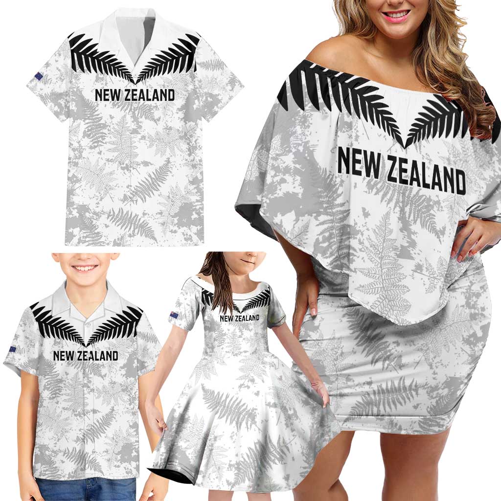 Custom New Zealand Silver Fern Football Family Matching Off Shoulder Short Dress and Hawaiian Shirt Go Aotearoa Grunge White - Polynesian Pride