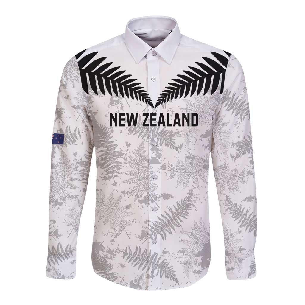Custom New Zealand Silver Fern Football Long Sleeve Button Shirt Go Aotearoa Grunge White - Polynesian Pride