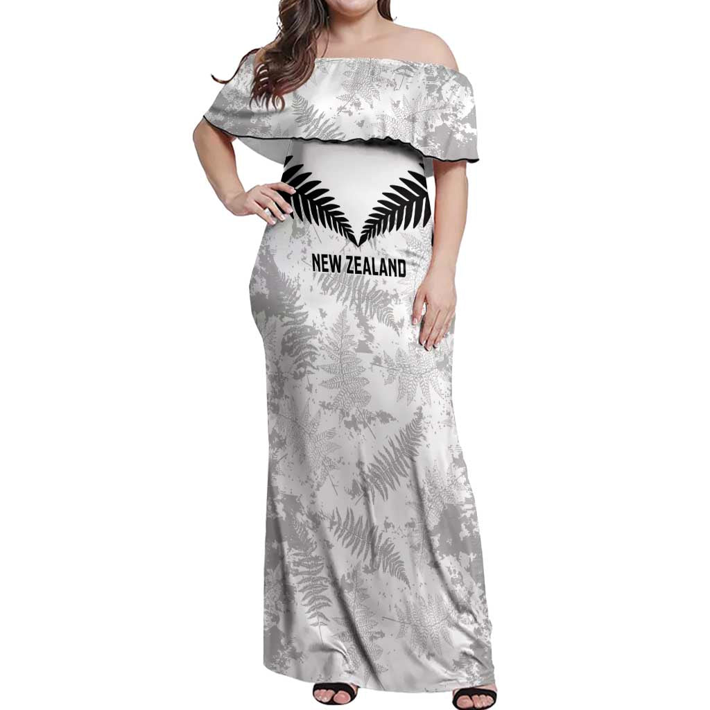 Custom New Zealand Silver Fern Football Off Shoulder Maxi Dress Go Aotearoa Grunge White - Polynesian Pride