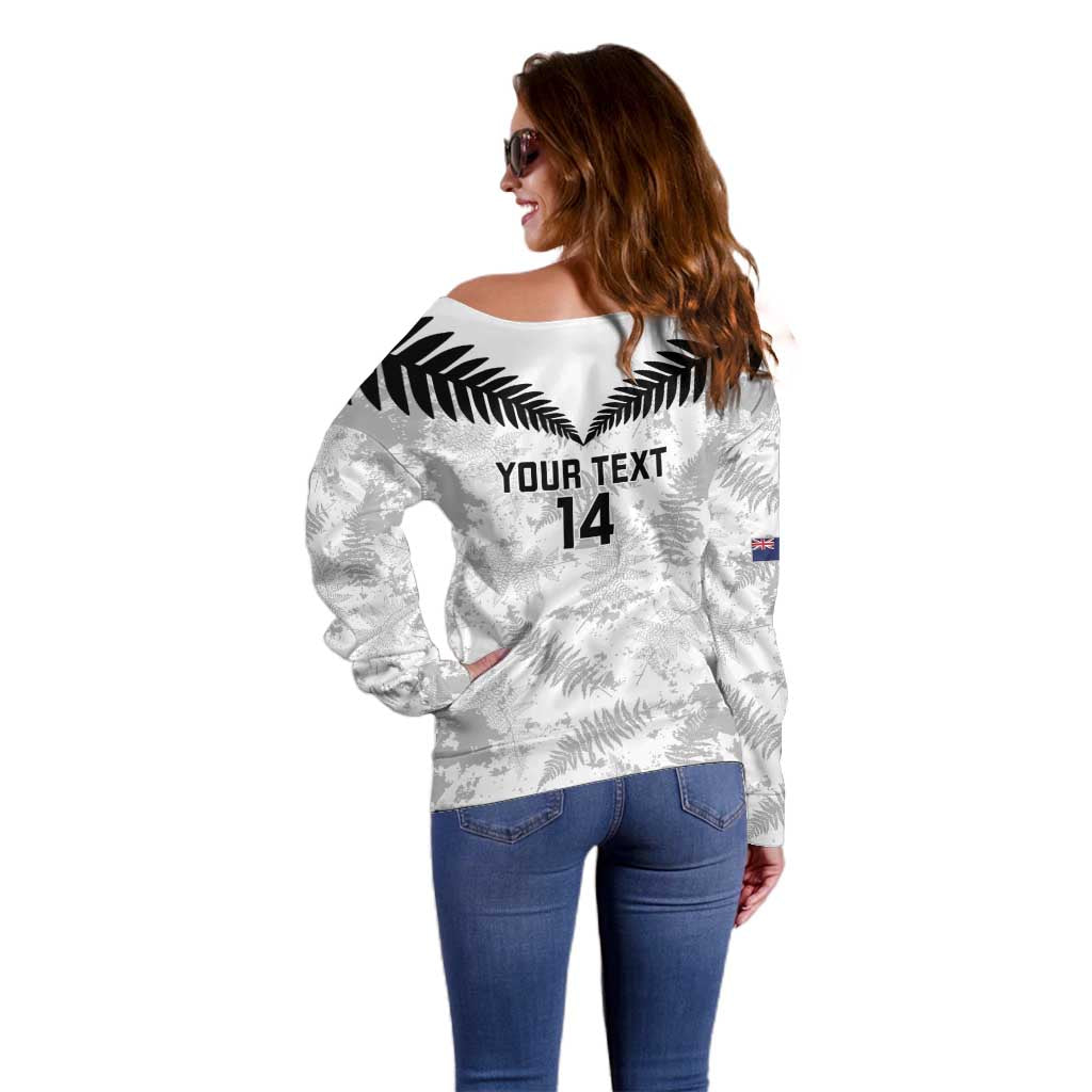 Custom New Zealand Silver Fern Football Off Shoulder Sweater Go Aotearoa Grunge White - Polynesian Pride