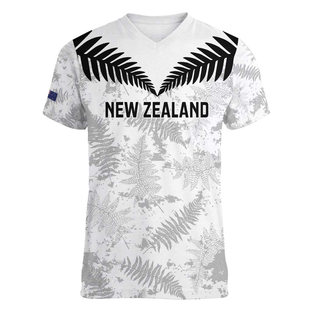 Custom New Zealand Silver Fern Football Women V-Neck T-Shirt Go Aotearoa Grunge White - Polynesian Pride