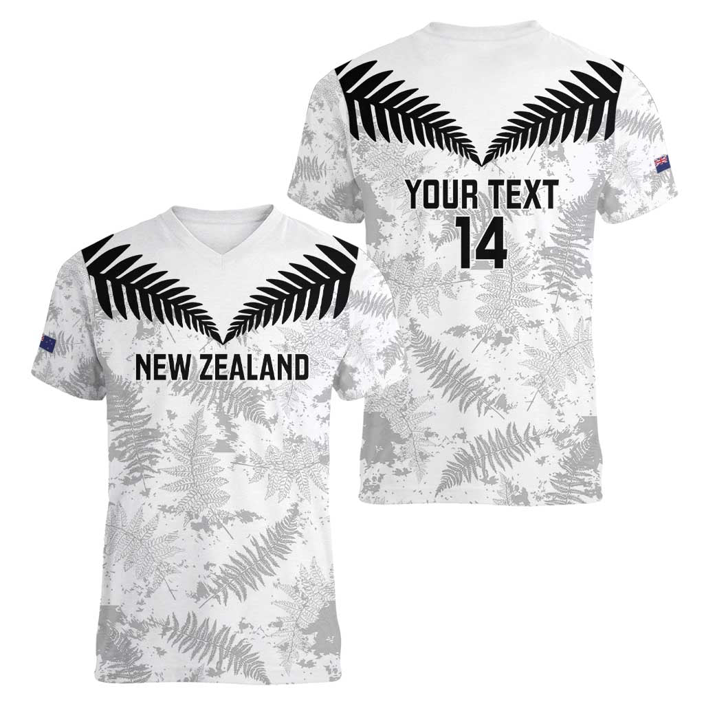 Custom New Zealand Silver Fern Football Women V-Neck T-Shirt Go Aotearoa Grunge White - Polynesian Pride