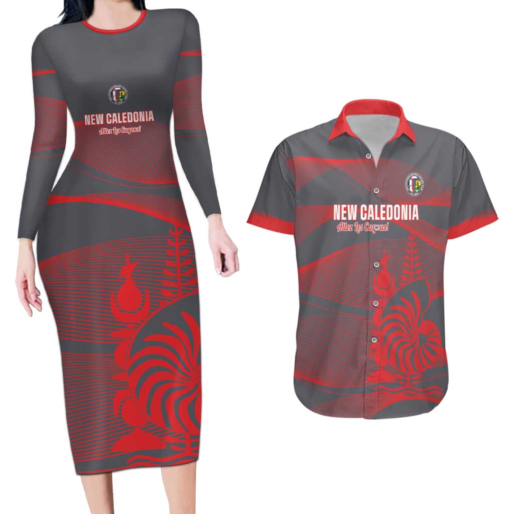Custom New Caledonia Football Couples Matching Long Sleeve Bodycon Dress and Hawaiian Shirt Allez Les Cagous Grey Version - Polynesian Pride